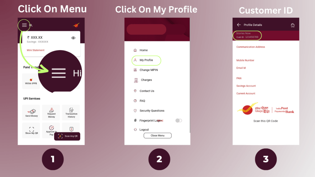 Step-by-step process shown in the image to find your customer id through the IPPB Mobile App.