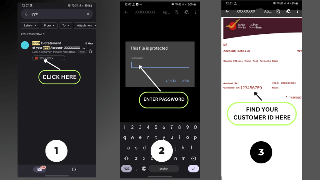Follow these simple steps shown in the image to find your customer id using the account statement PDF.