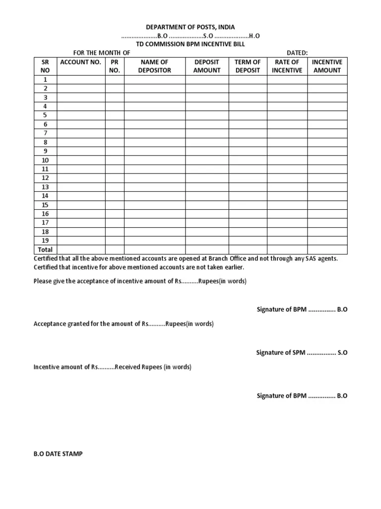TD Commission BPM Incentive Bill Form PDF